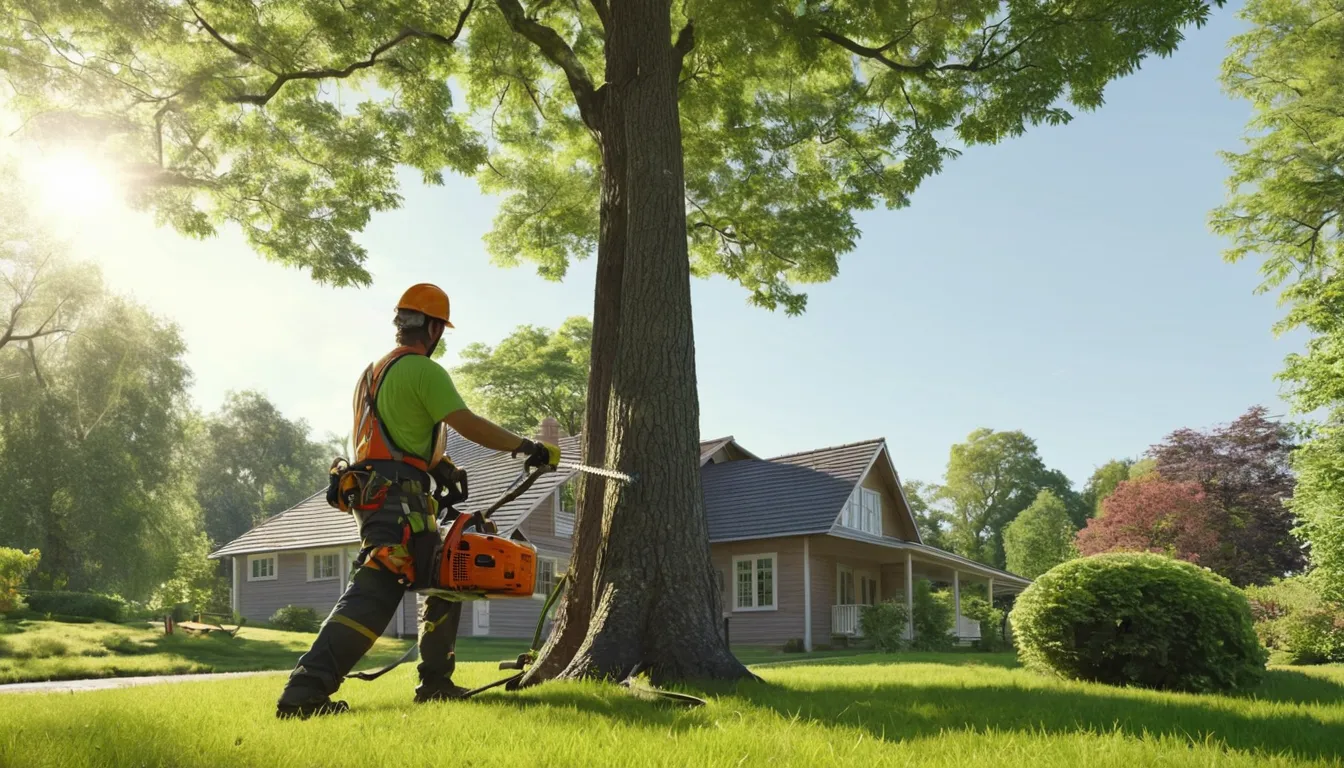 Tree removal provider cutting a large tree near a home in Warren